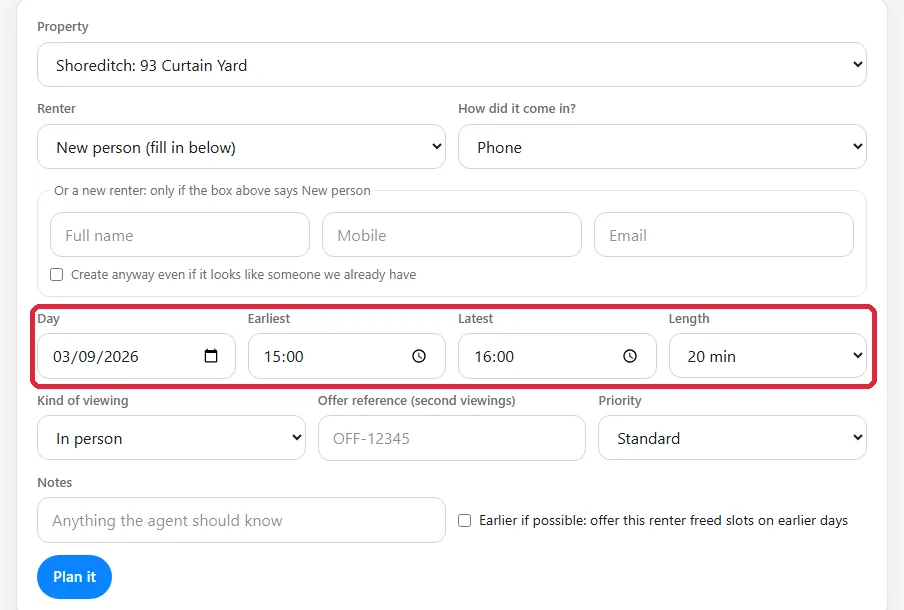 Book a viewing with the duplicate check before the renter is created